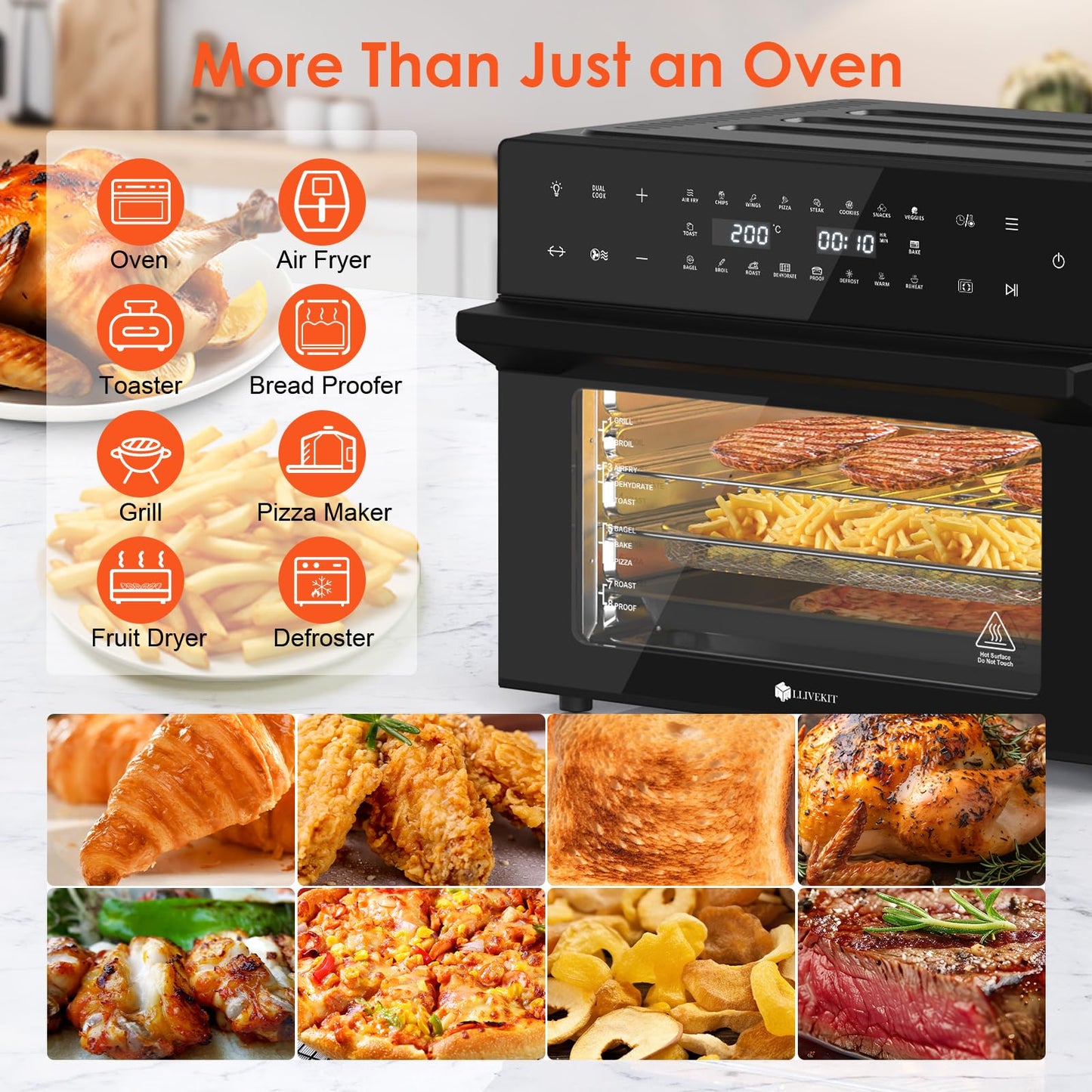 LLIVEKIT 30L Air Fryer Oven – Rotisserie, 20 Programs, LED Touch, Stainless Steel