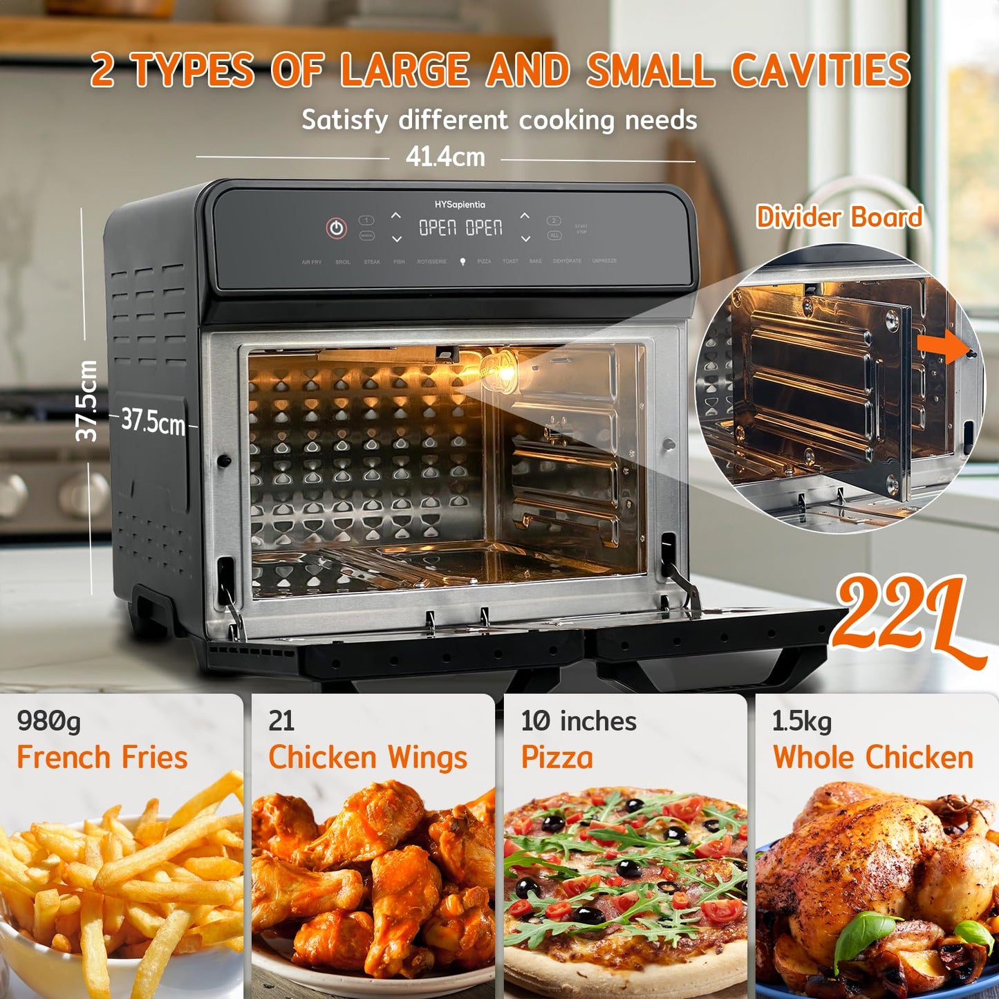 HYSapientia 22L Dual Zone Air Fryer Oven with Rotisserie – 10-in-1, Stainless Steel