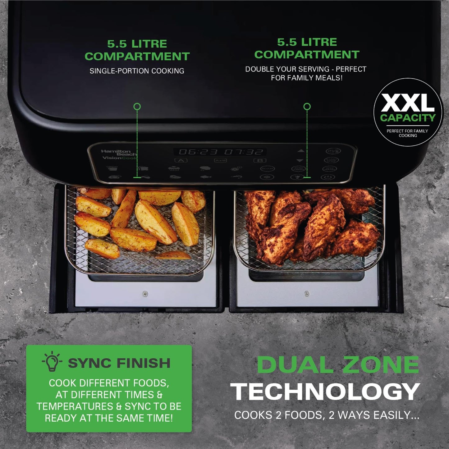 Hamilton Beach 11L Dual Air Fryer – VisionCook Window, 10 Presets, Smart Finish