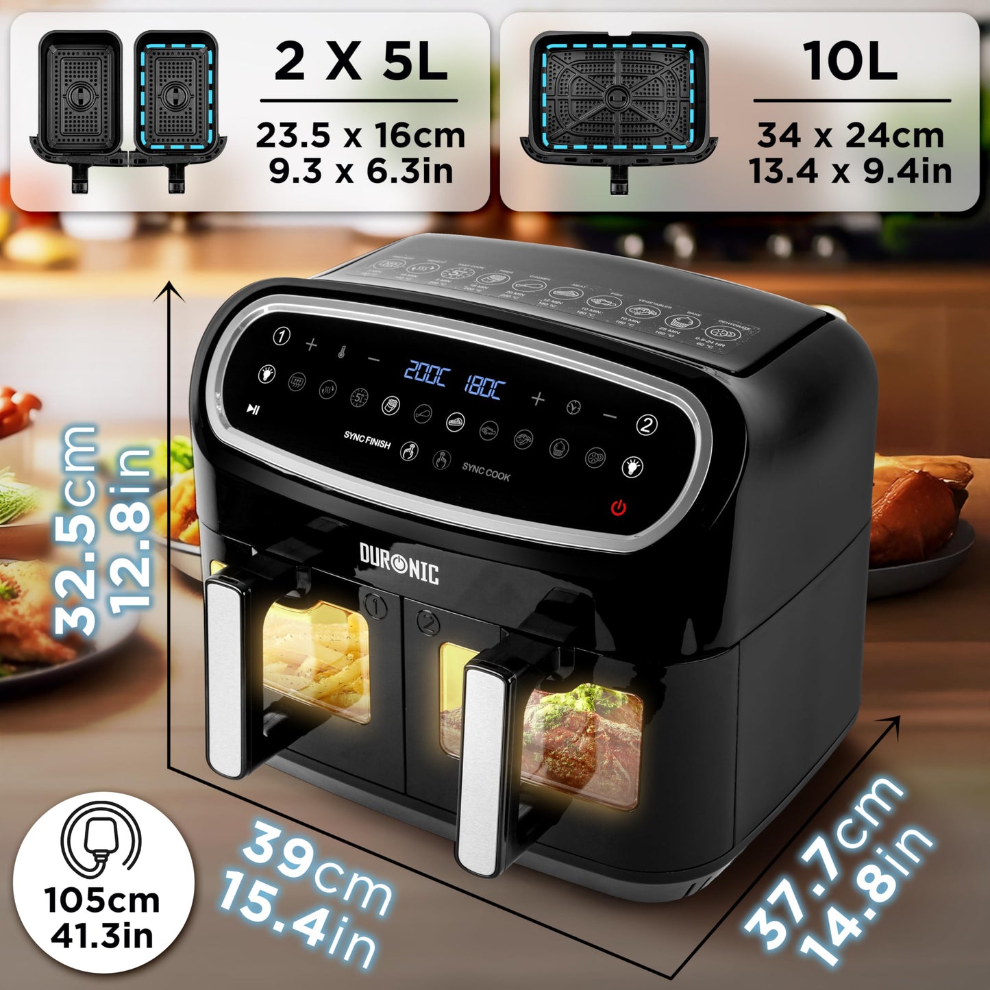 Duronic AF34 Triple Drawer 10L Air Fryer – Dual Zone, Visual Window, 10-in-1