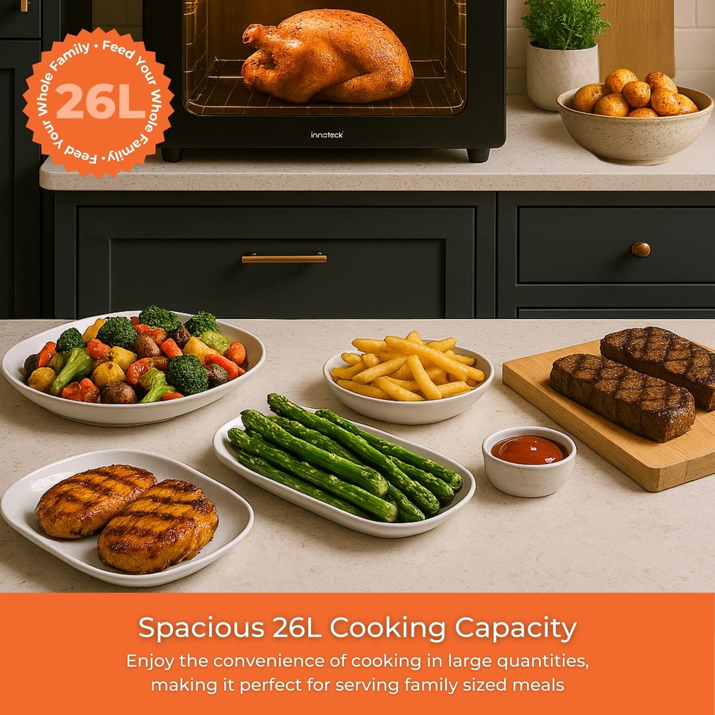 Innoteck 26L Air Fryer Oven – Stainless Steel, Rotisserie, Dual Cook, 11 Modes